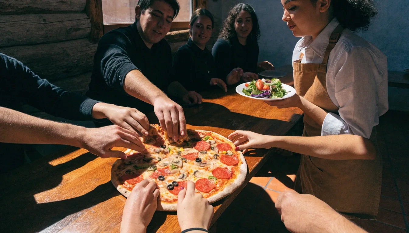 Bright Dion's dining room with guests sharing pizza and salad