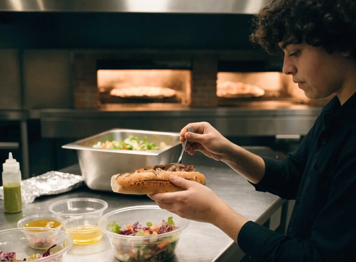 Fresh salad being tossed beside toasted subs in a prep kitchen