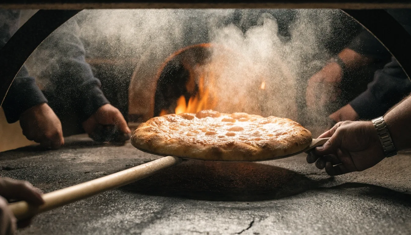 Pizzas baking inside a hot deck oven while crew works the peel