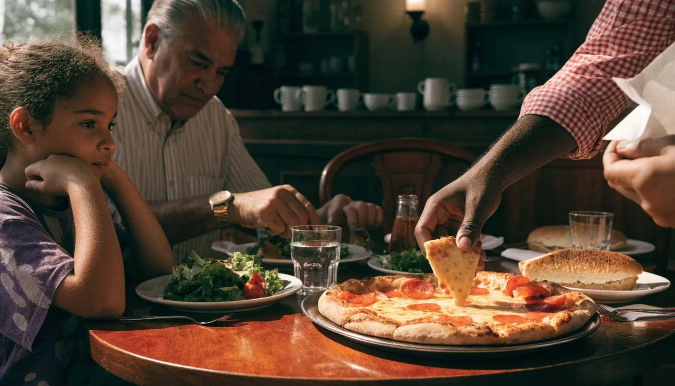Dion's catering pizzas, salads and subs set out for a group on a restaurant table