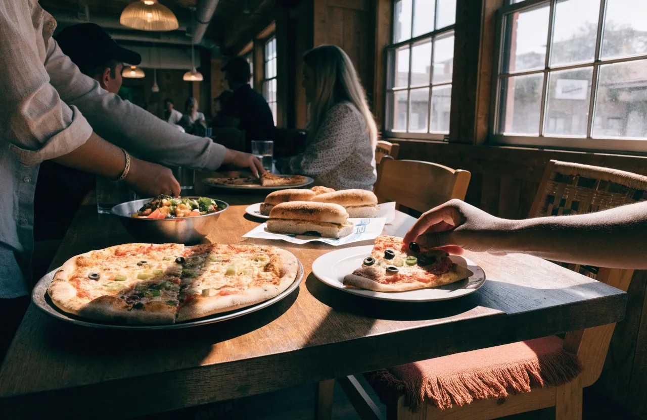 Family meal with pizzas, salad and subs shared around a pizzeria table