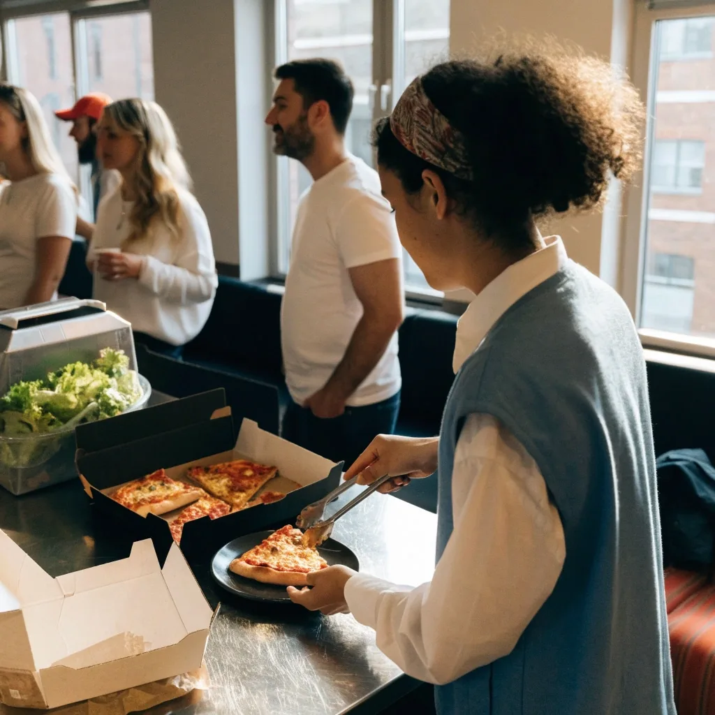 Office catering with open pizza boxes and salad served in a break room