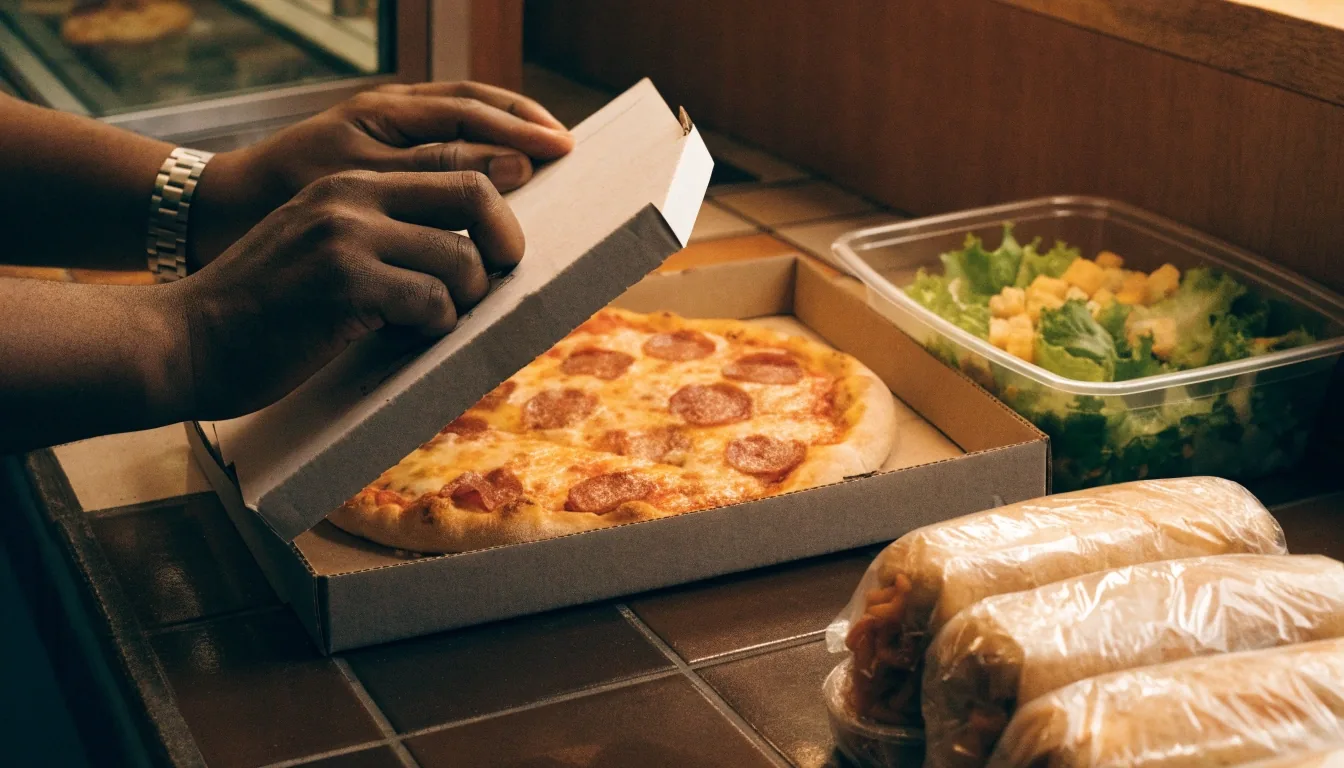 Warm pizzeria table with a fresh pizza and salad in the evening