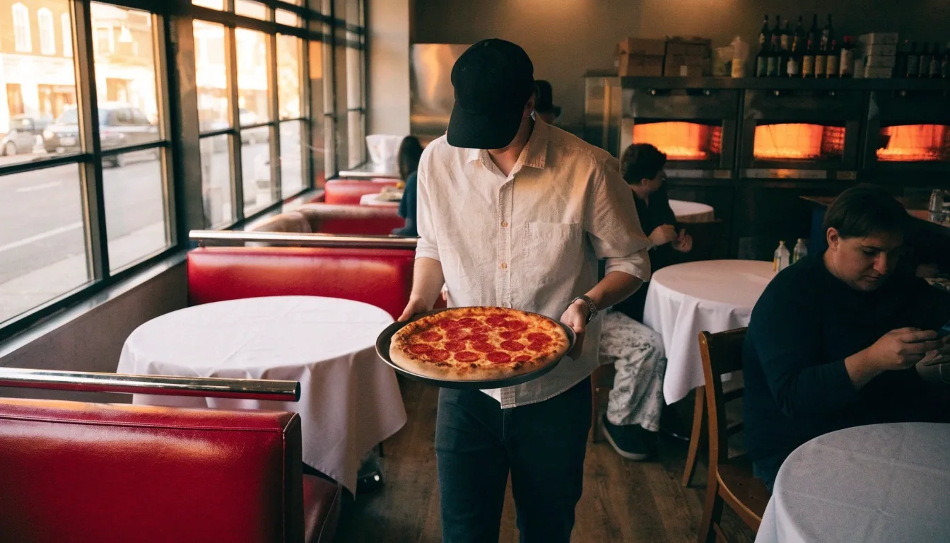 Dining room inside a Dion's Pizza restaurant with a server carrying a fresh pizza