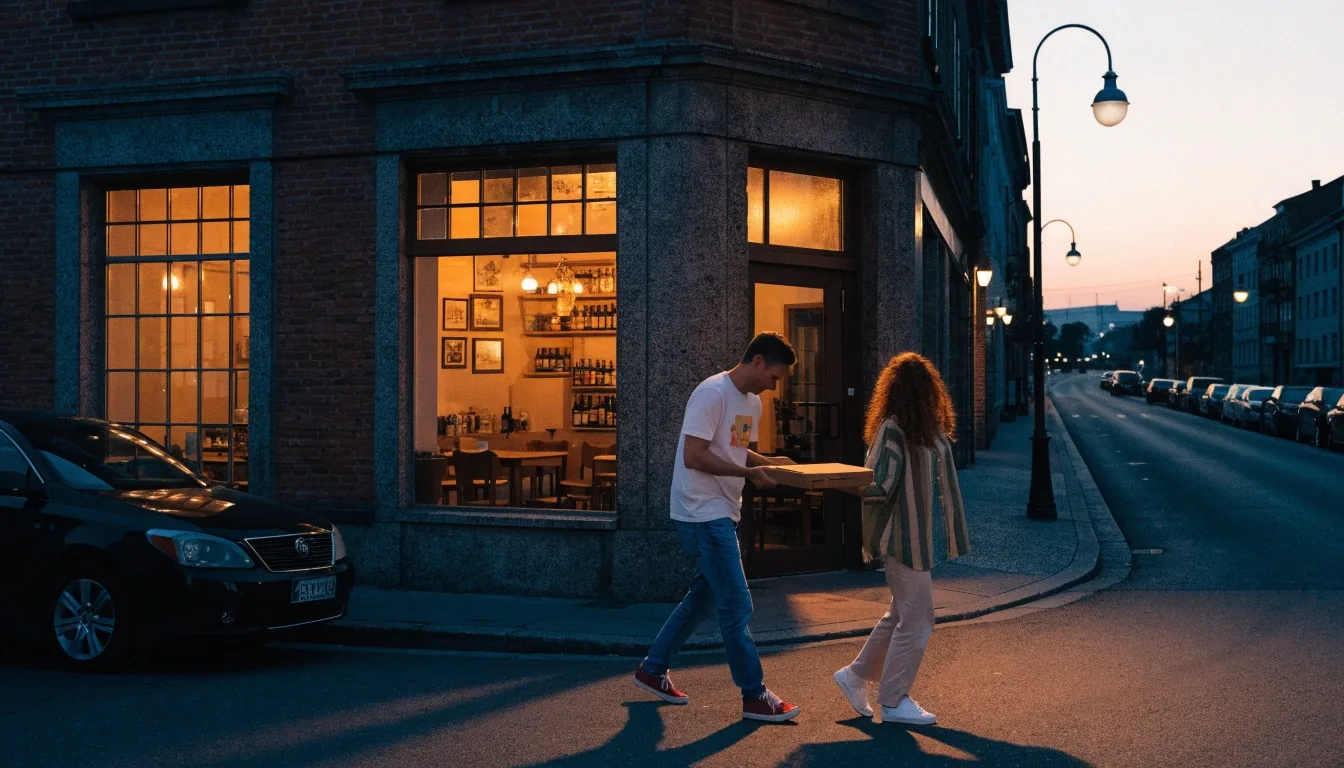 Evening exterior of a neighborhood Dion's Pizza restaurant