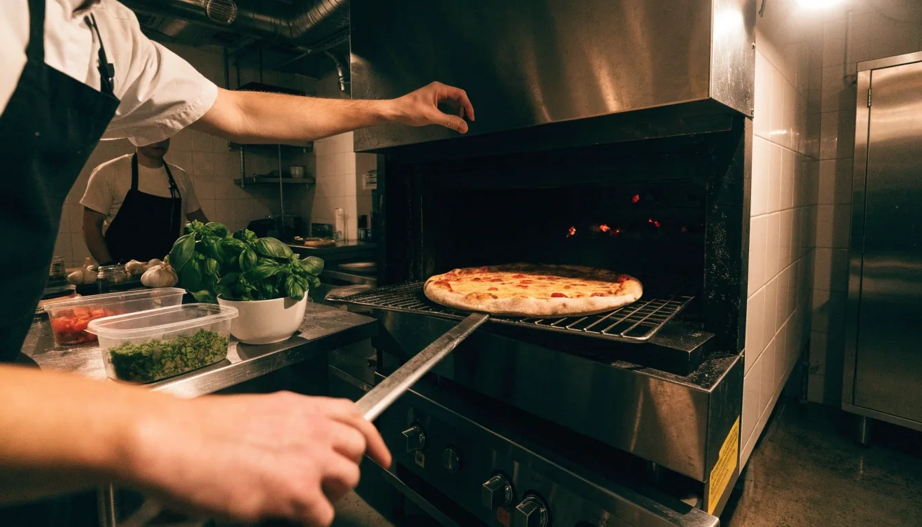 Kitchen staff sliding a large pizza into the oven at Dion's