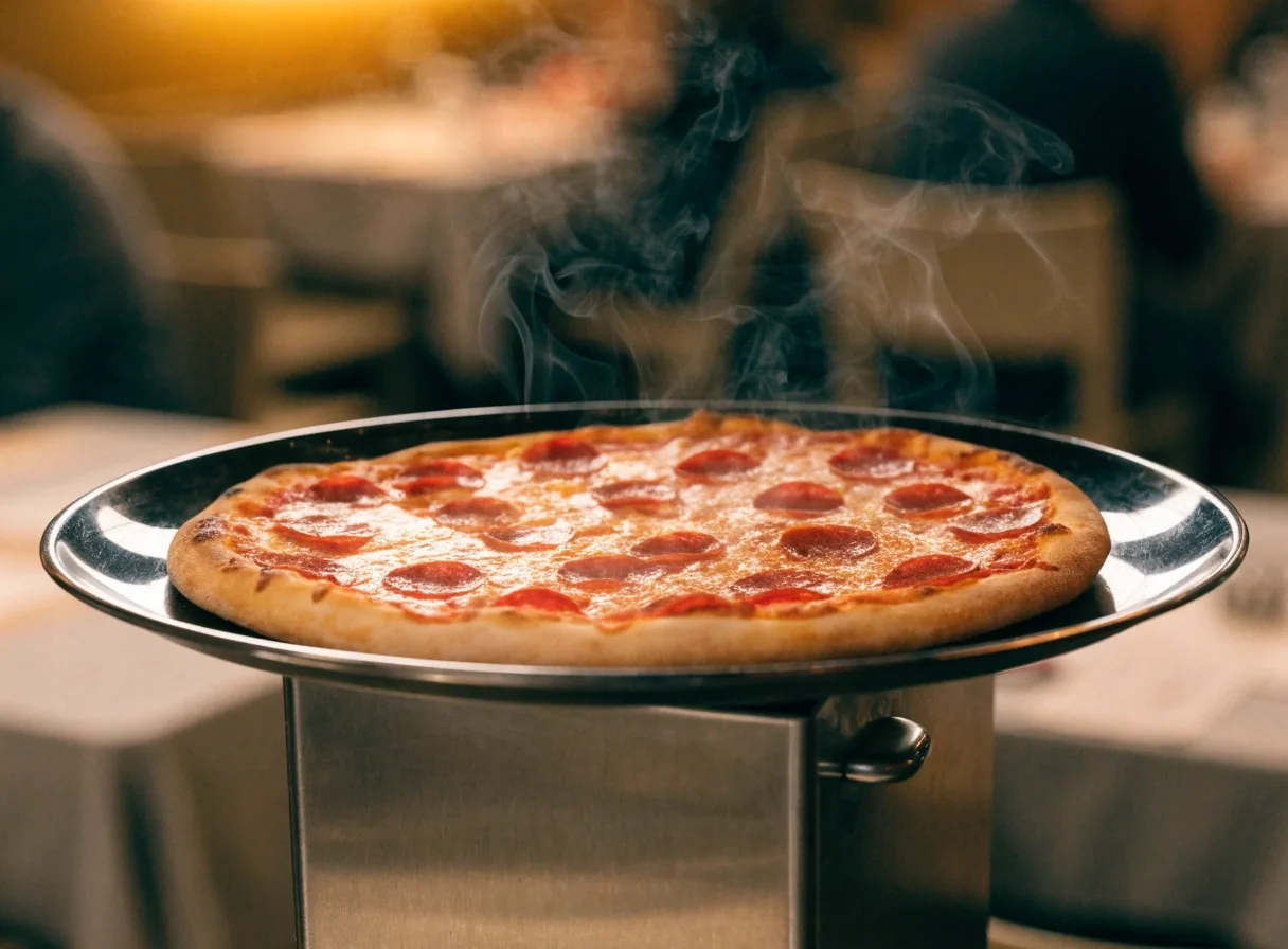 Freshly baked pepperoni pizza resting on a tray
