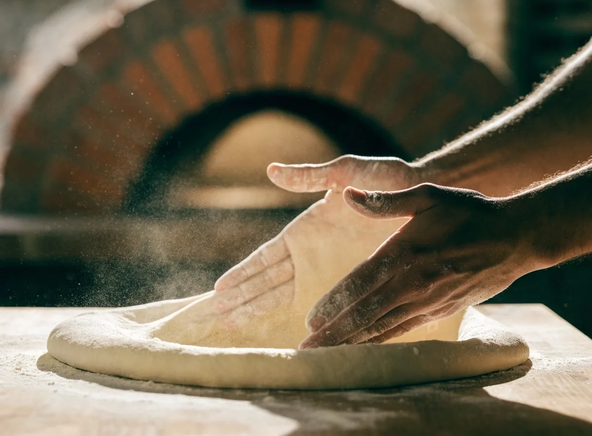 Hands stretching fresh pizza dough on a floured counter
