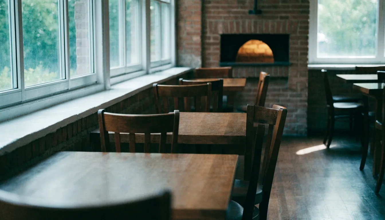 Quiet dining room of a neighborhood pizzeria in daylight