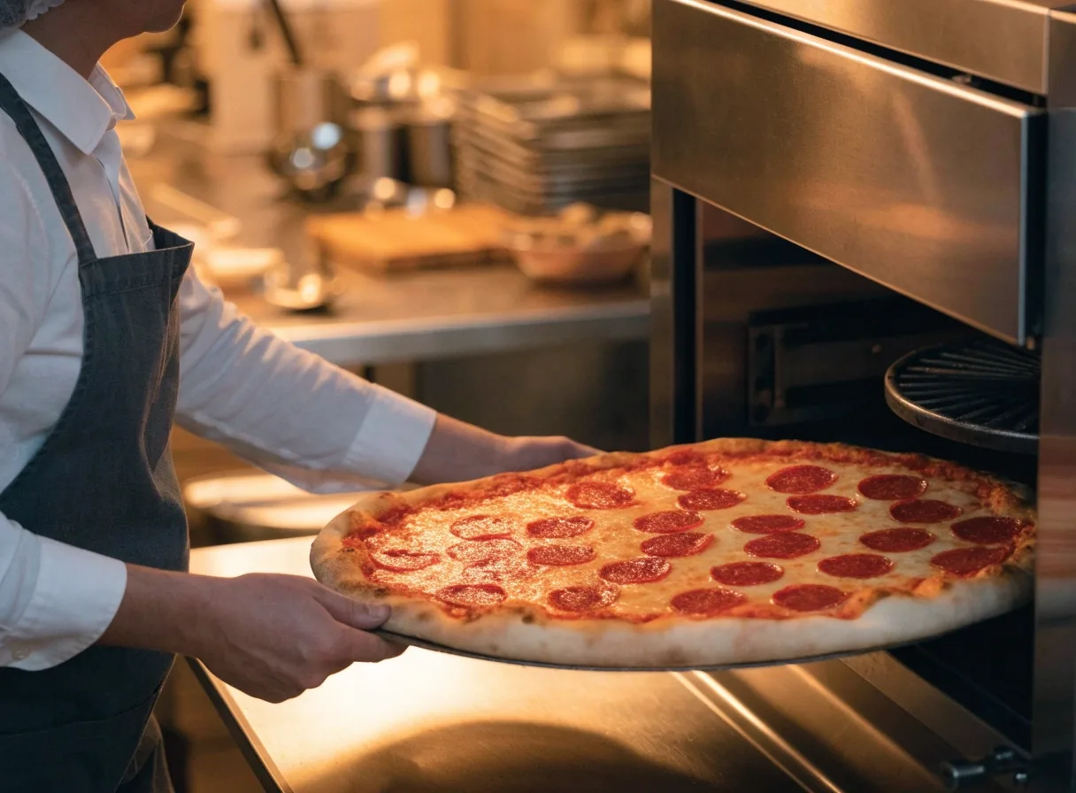 Staff member sliding a pizza into a deck oven