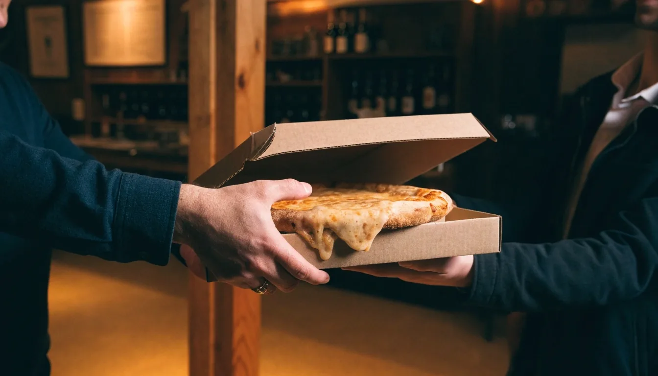 Deep-dish pizza being served inside a Dion's restaurant kitchen