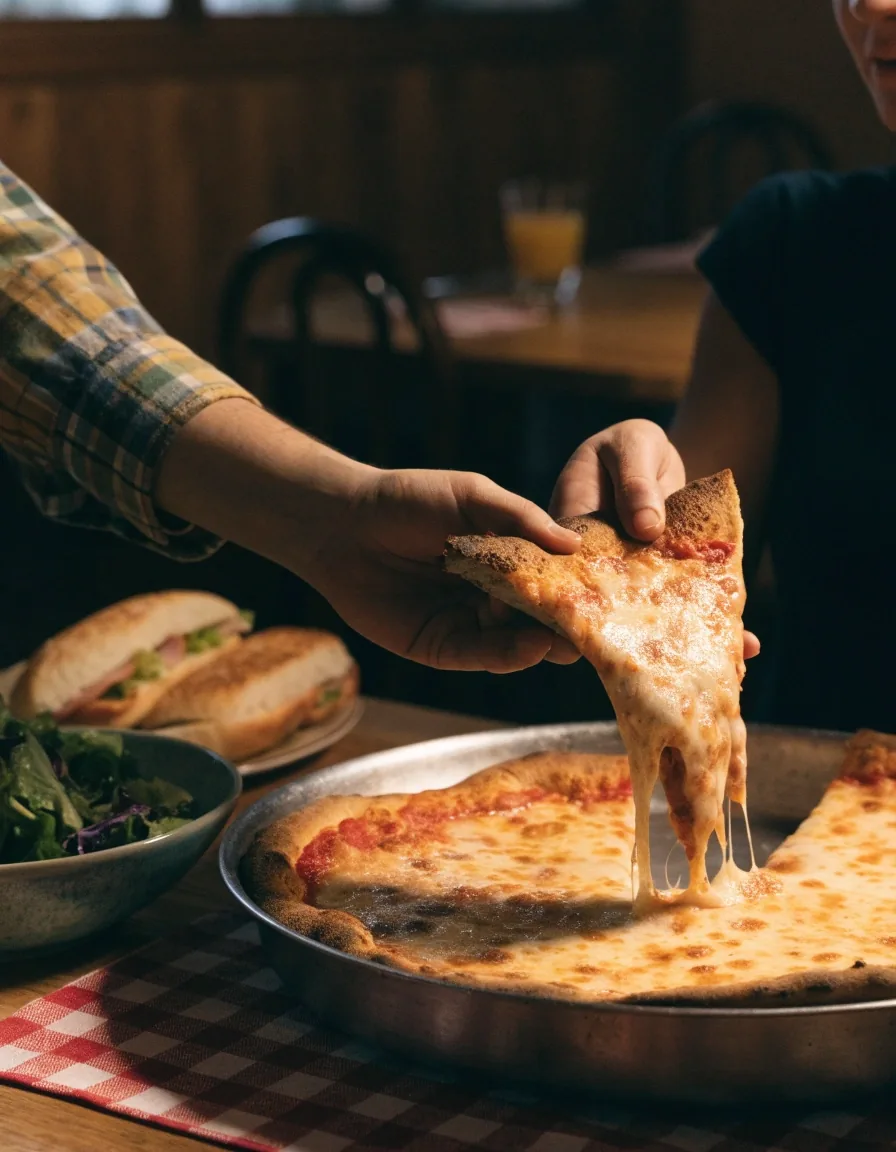 Family sharing pizza, salad and subs at a Dion's table