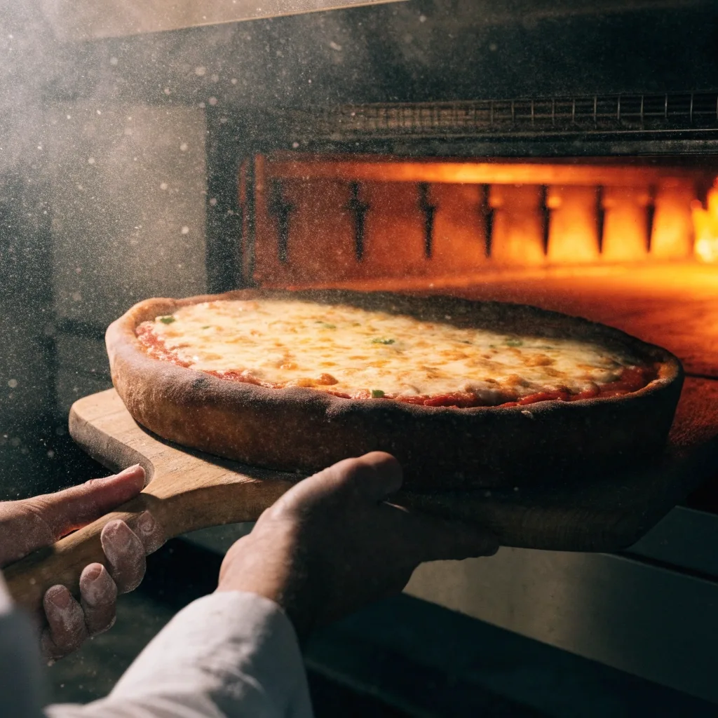 Pizza maker sliding a fresh pizza into the oven