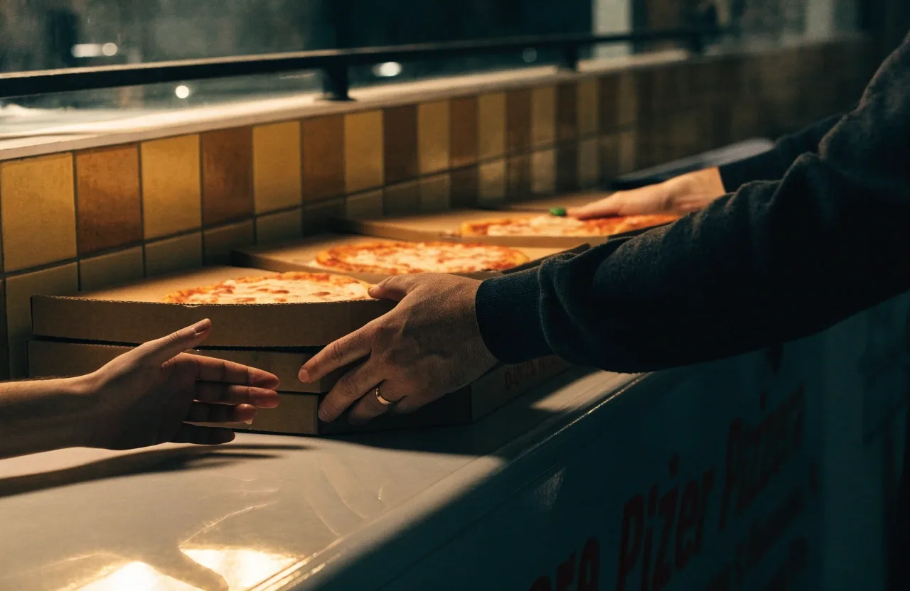Counter with boxed pizzas ready for pickup inside a Dion's restaurant