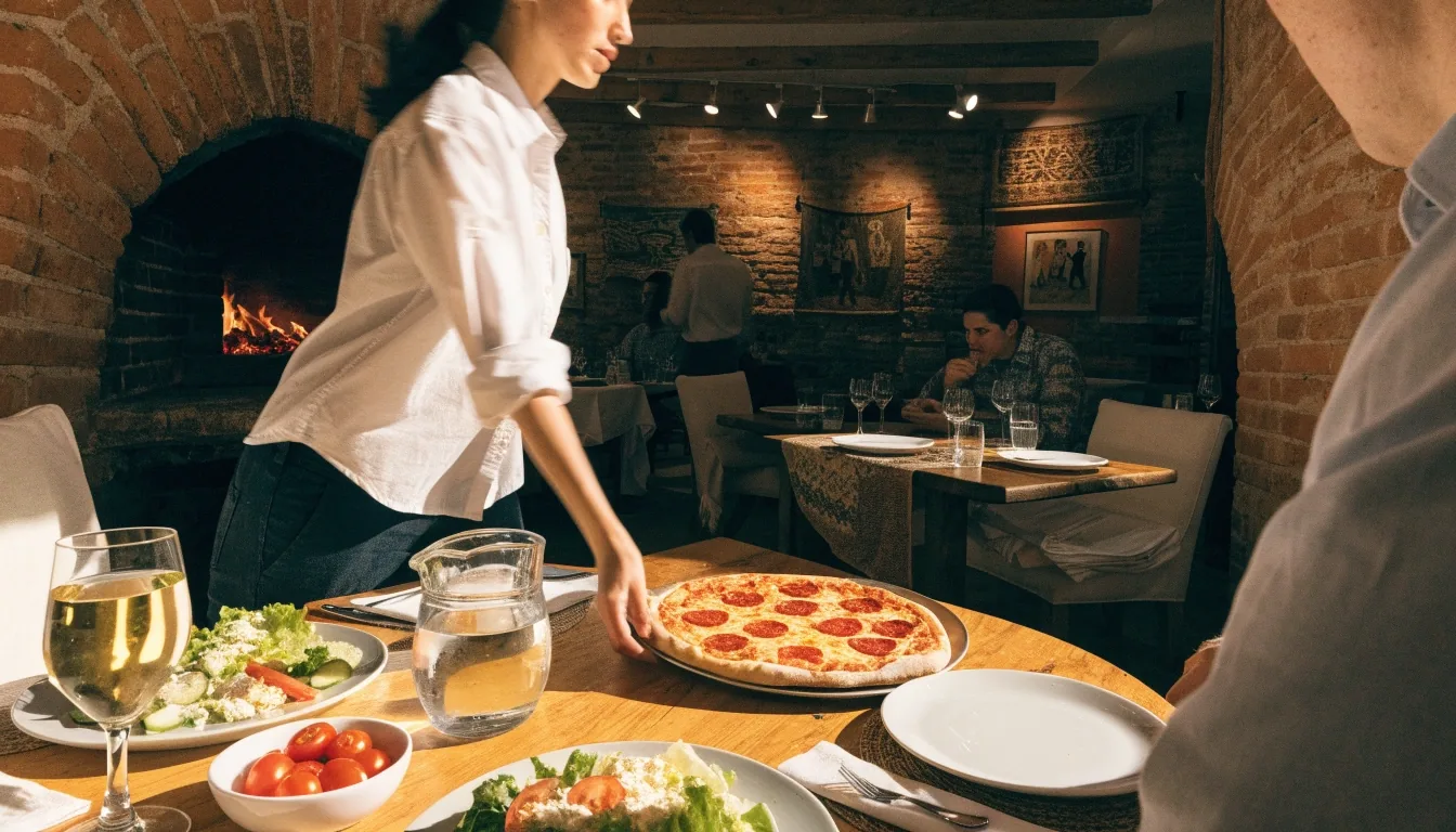 Dining room inside a Dion's pizzeria with guests and fresh pizza on tables