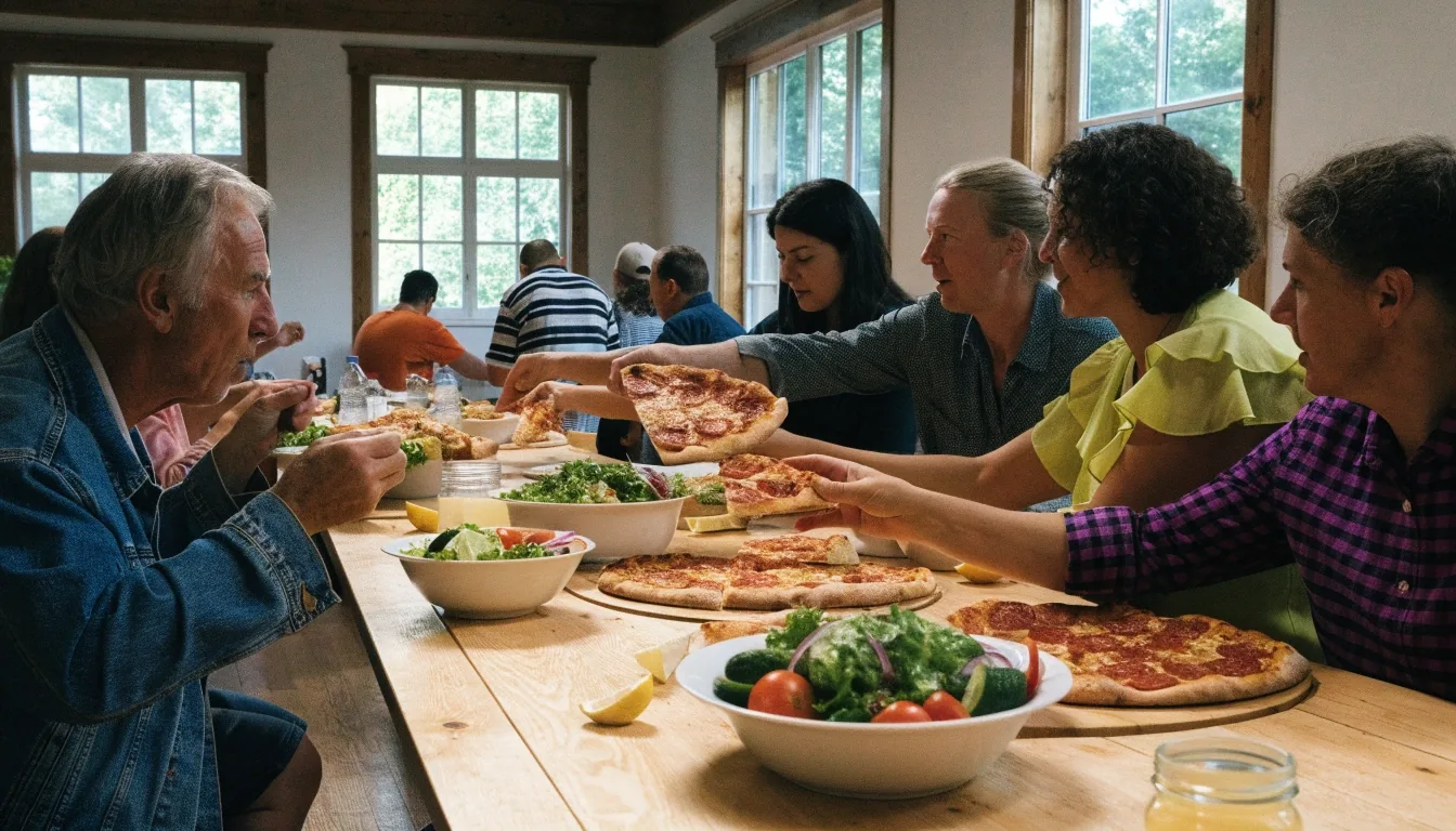Family sharing pizza and salad at a long table in a Colorado pizzeria