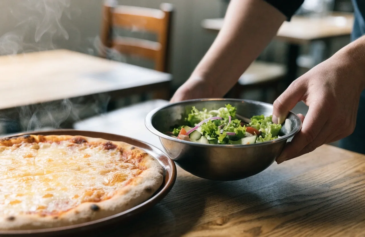 Fresh chopped salad bowl served alongside pizza