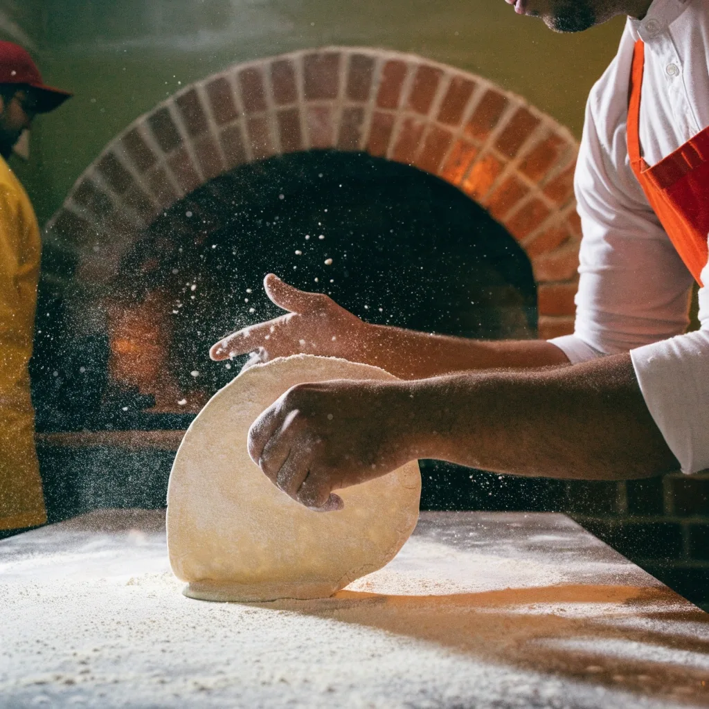 Pizza maker stretching dough in an Albuquerque Dion's kitchen