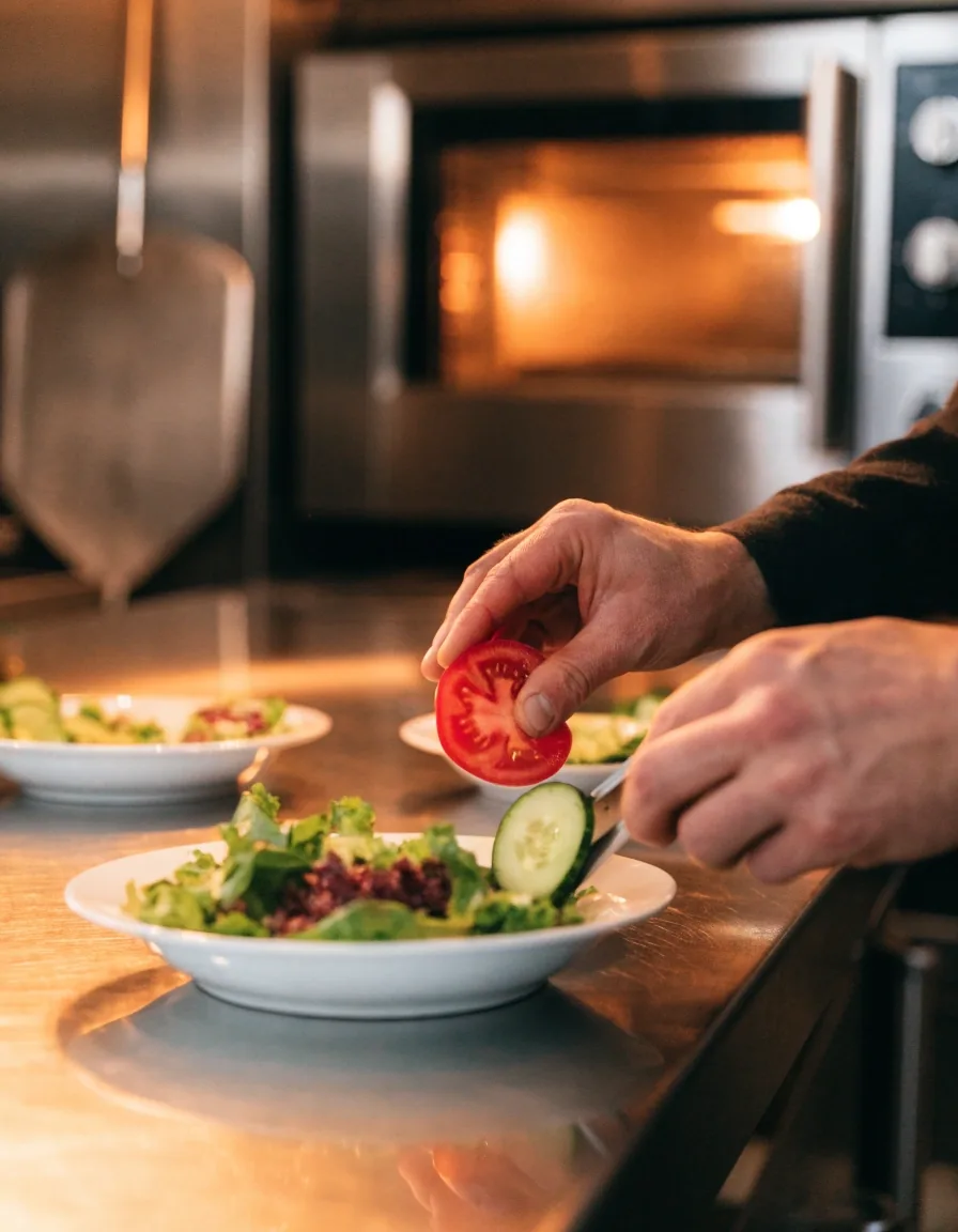 Fresh salad being prepared in the pizzeria kitchen