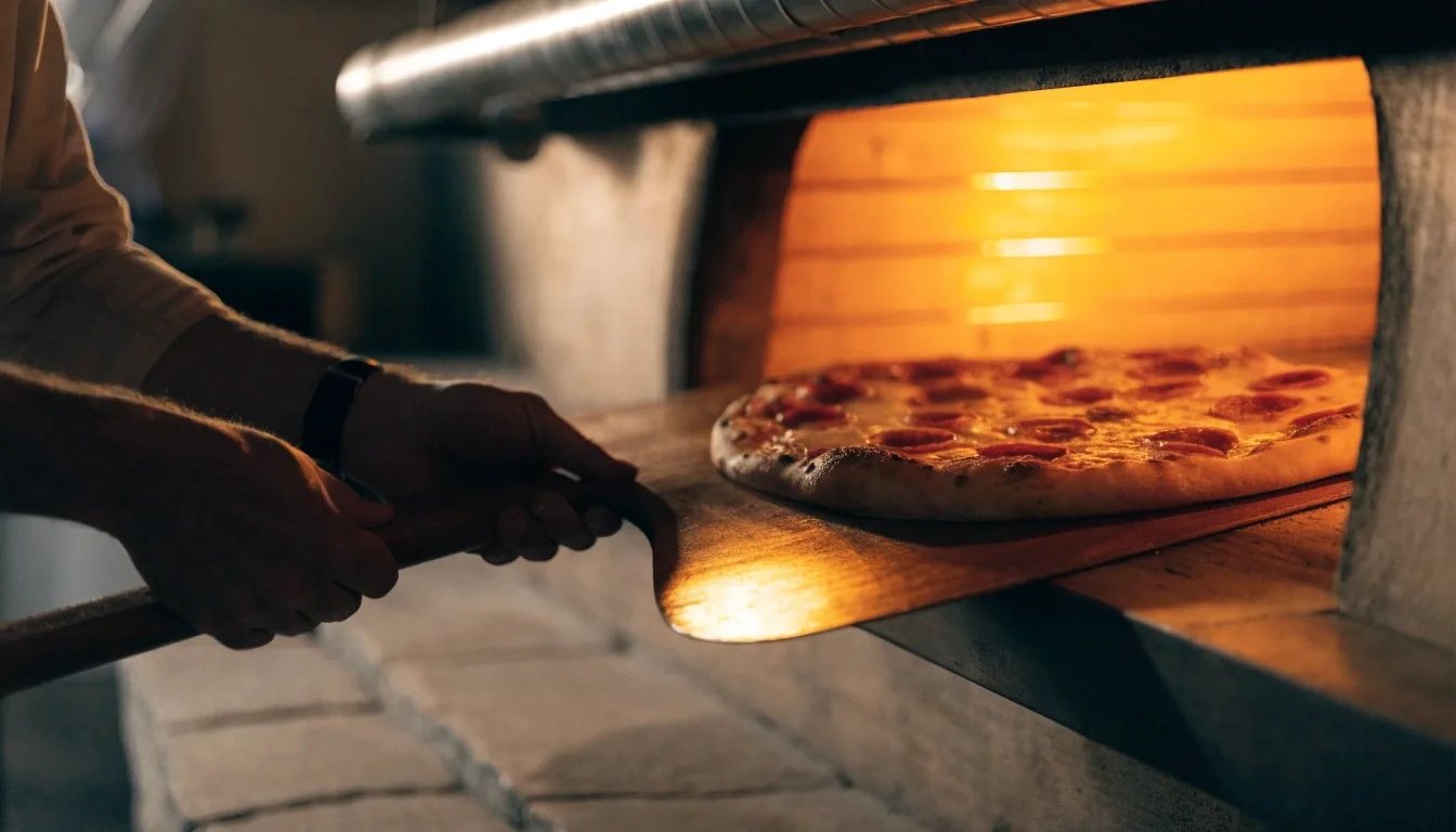 Pizza going into the oven at Dion's Pizza kitchen