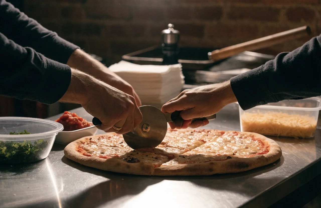 Thin crust pizza on a tray in the pizzeria kitchen