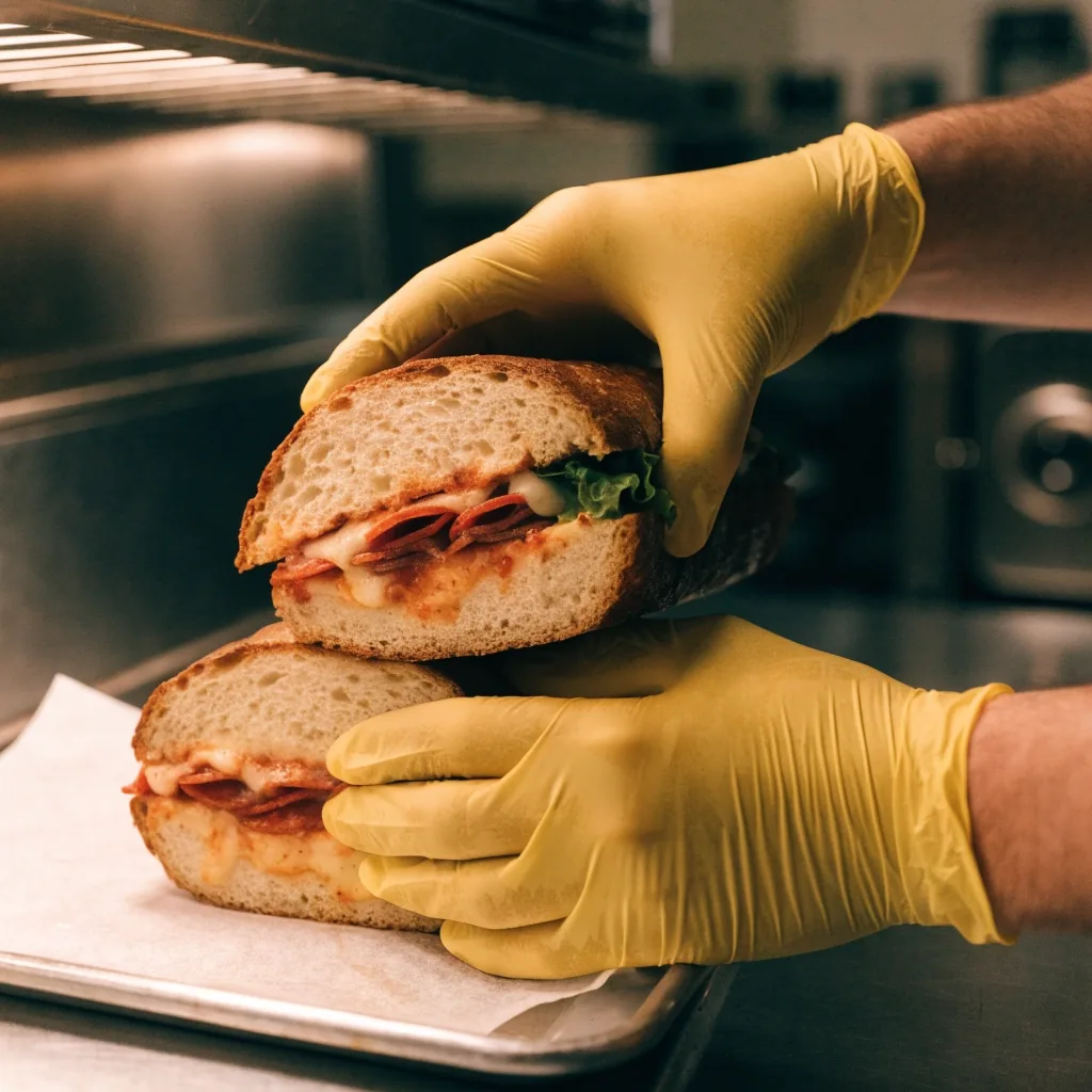 Toasted sub sandwich prepared for carryout