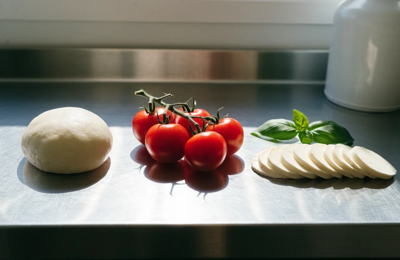 Fresh pizza preparation with sauce and cheese in a kitchen