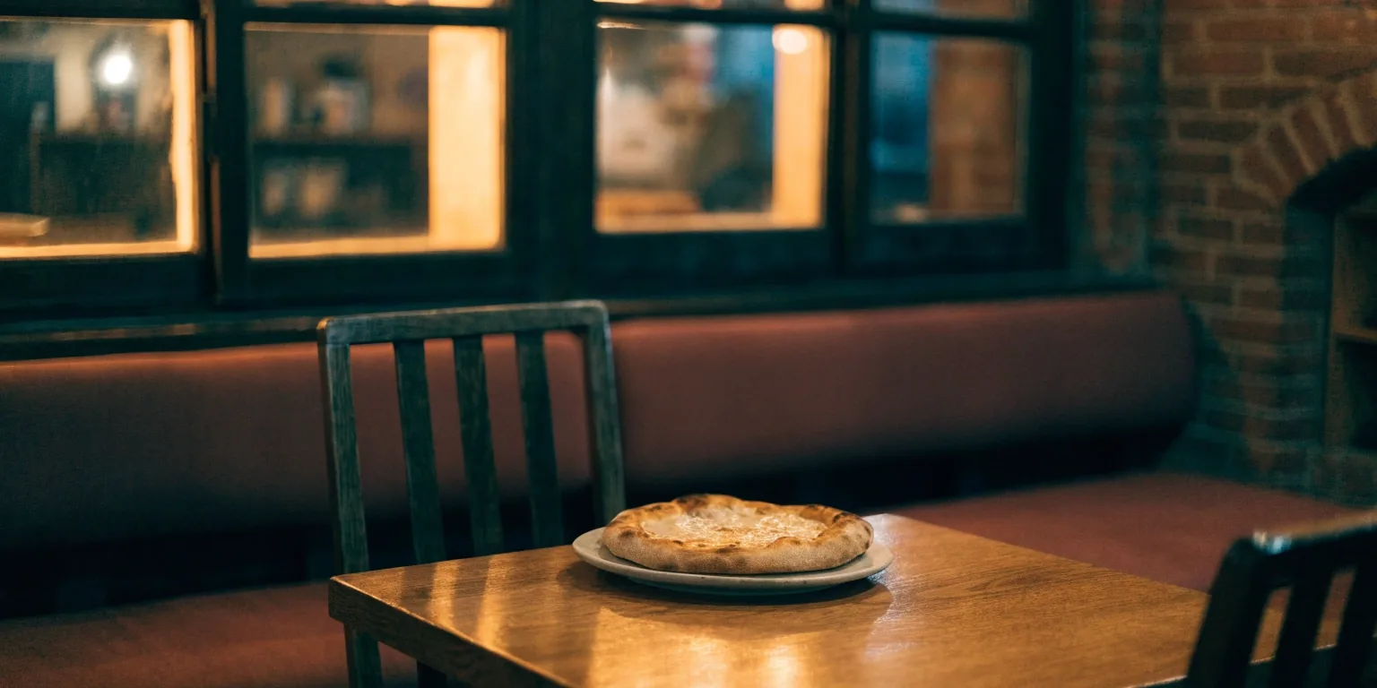 Warm light in the windows of a neighborhood pizza restaurant in the evening