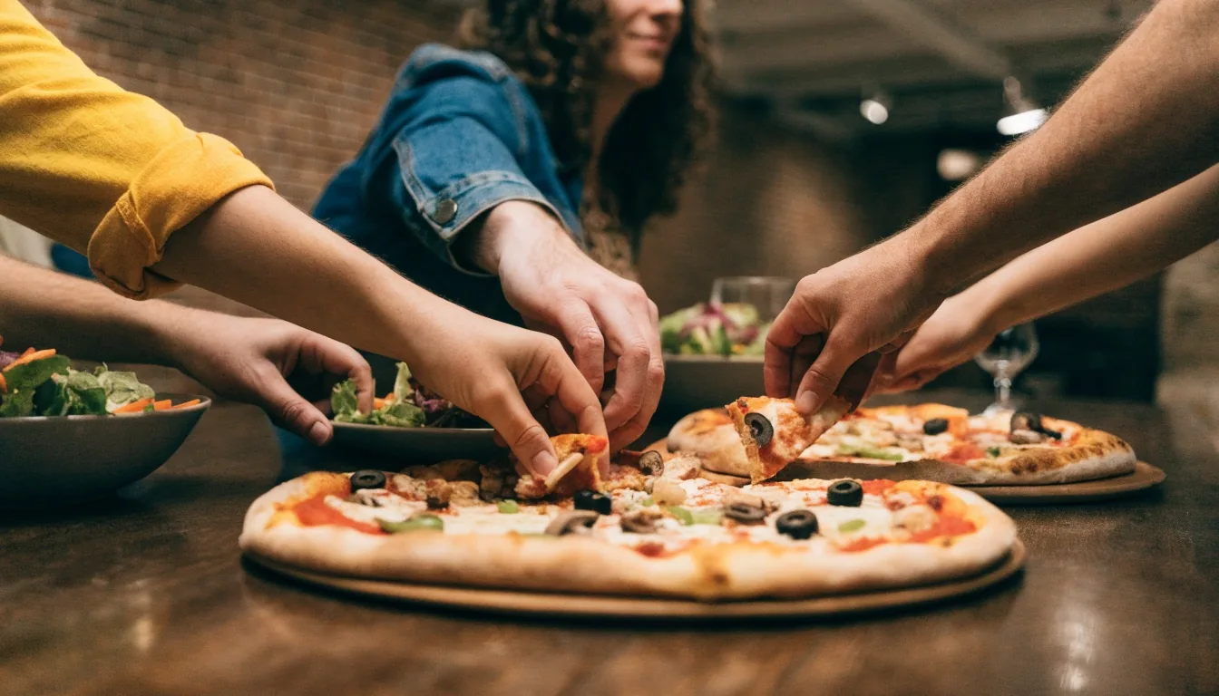 Family sharing whole pizzas at a table inside a casual pizzeria