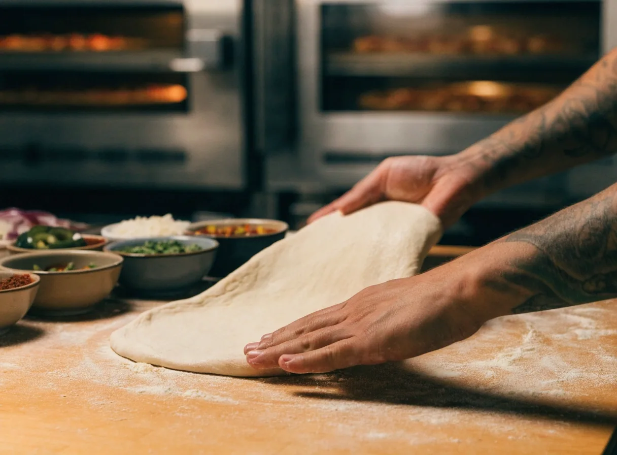 Hands stretching fresh pizza dough on a floured counter in a pizzeria kitchen