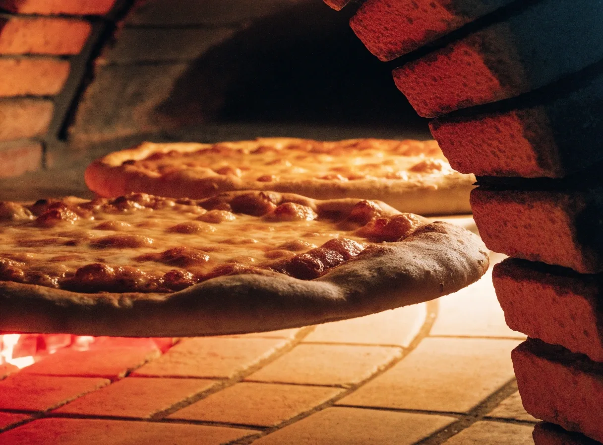Pizzas baking on the stone deck inside a hot pizzeria oven